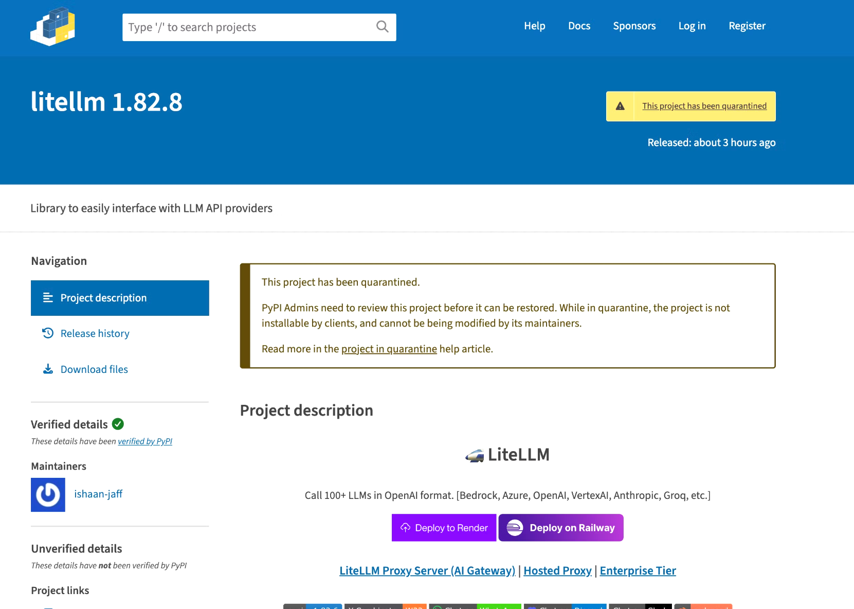 PyPI quarantine notice for LiteLLM 1.82.8 - the project has been quarantined and is not installable by clients